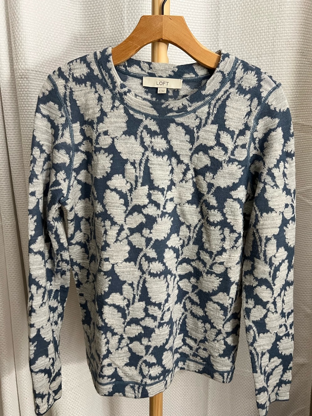 LOFT Blue and Cream Floral Crewneck Sweater, medium